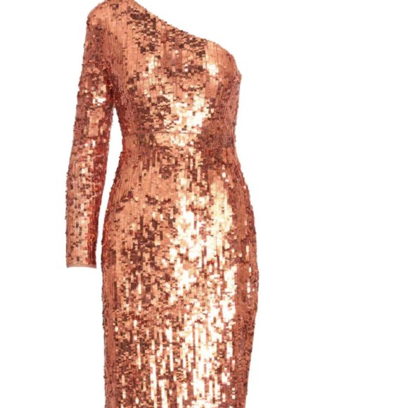 MAC DUGGAL 10788 SEQUINED ONE SLEEVE COLUMN COPPER GOWN sz 0 - Picture 3 of 5
